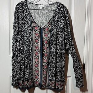 J. Jill Black and Pink Floral V-Neck Blouse